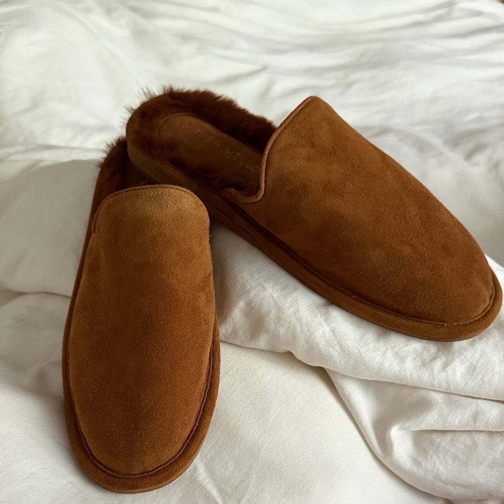 NEW- Tamara Mellon fur lined Slip-On Mule Loafer in Cognac
